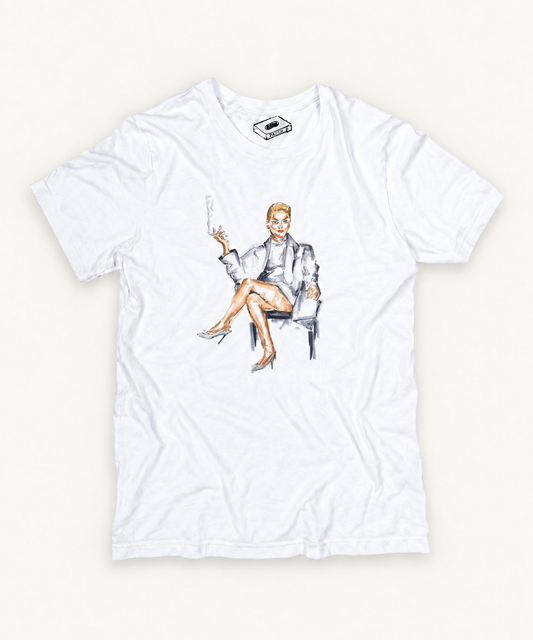 BASIC INSTINCT hand-drawn artwork on white tee with ivory background