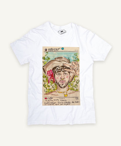 bad bunny T-shirt on ivory background with natural shadow