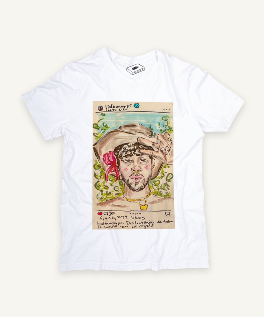 bad bunny T-shirt on ivory background with natural shadow