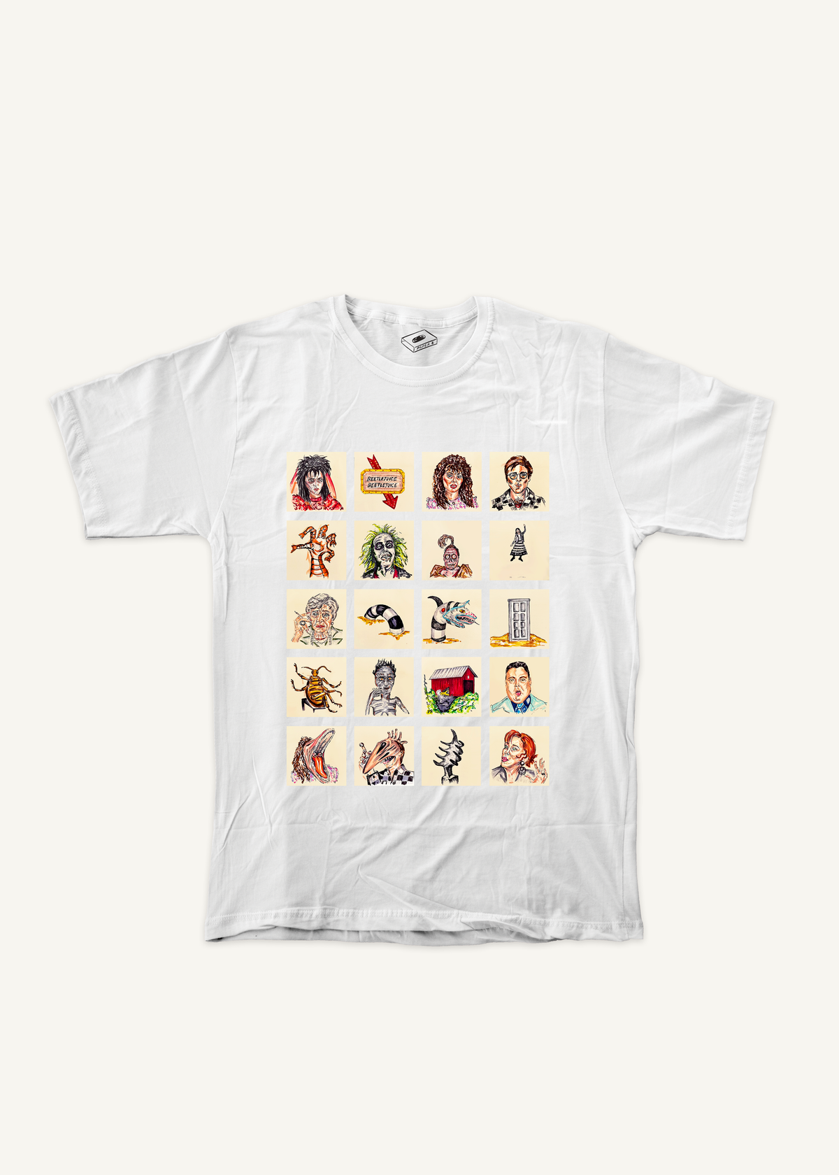 beetlejuice T-shirt on ivory background with natural shadow