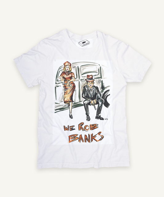 bonnie and clyde T-shirt on ivory background with natural shadow