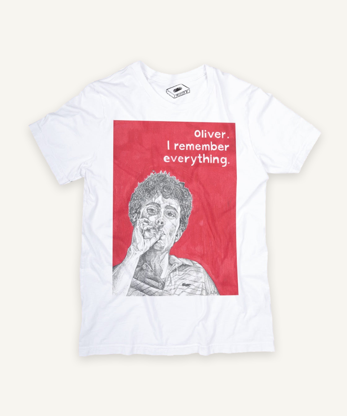 call me by your name oliver T-shirt on ivory background with natural shadow