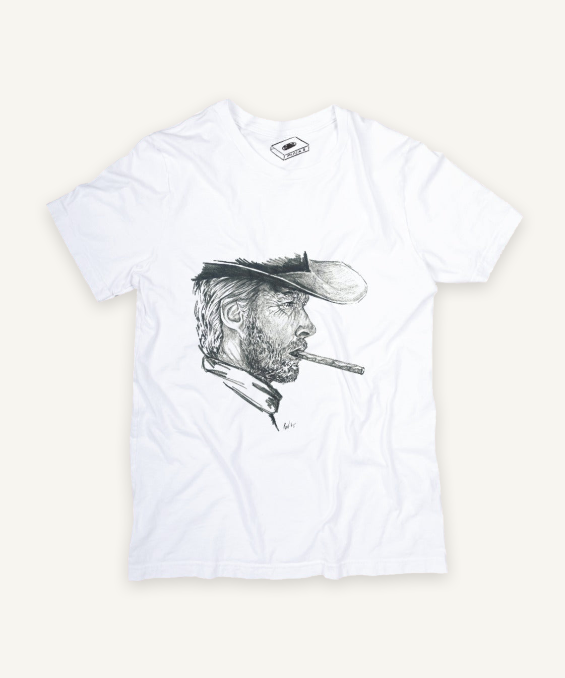 clint eastwood T-shirt on ivory background with natural shadow