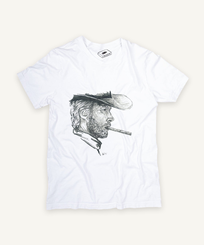 clint eastwood T-shirt on ivory background with natural shadow