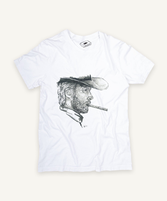 clint eastwood T-shirt on ivory background with natural shadow