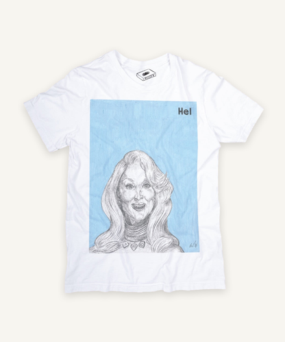 death becomes her hel T-shirt on ivory background with natural shadow