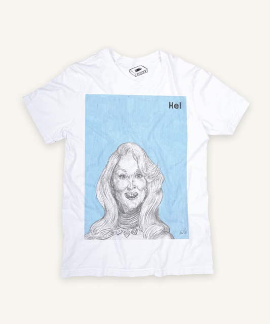 death becomes her hel T-shirt on ivory background with natural shadow