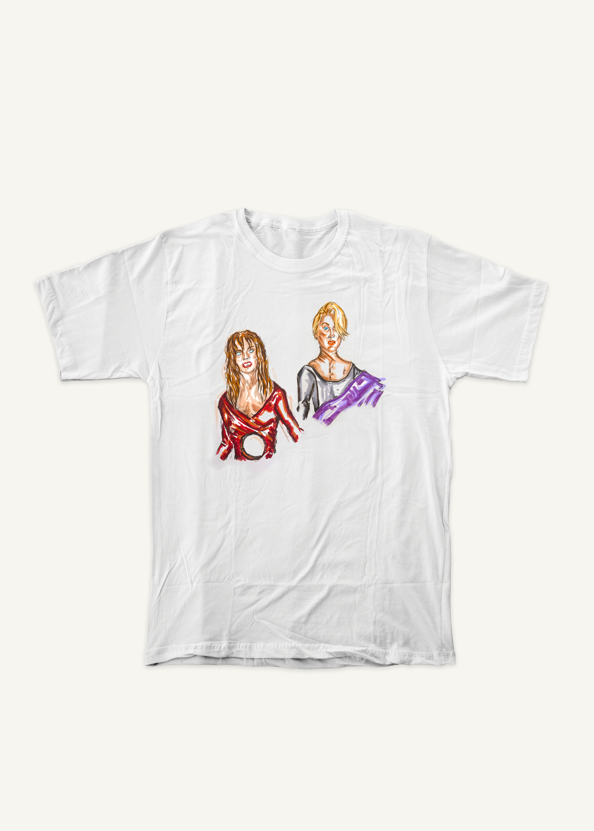 DEATH BECOMES HER T-shirt on ivory background with natural shadow