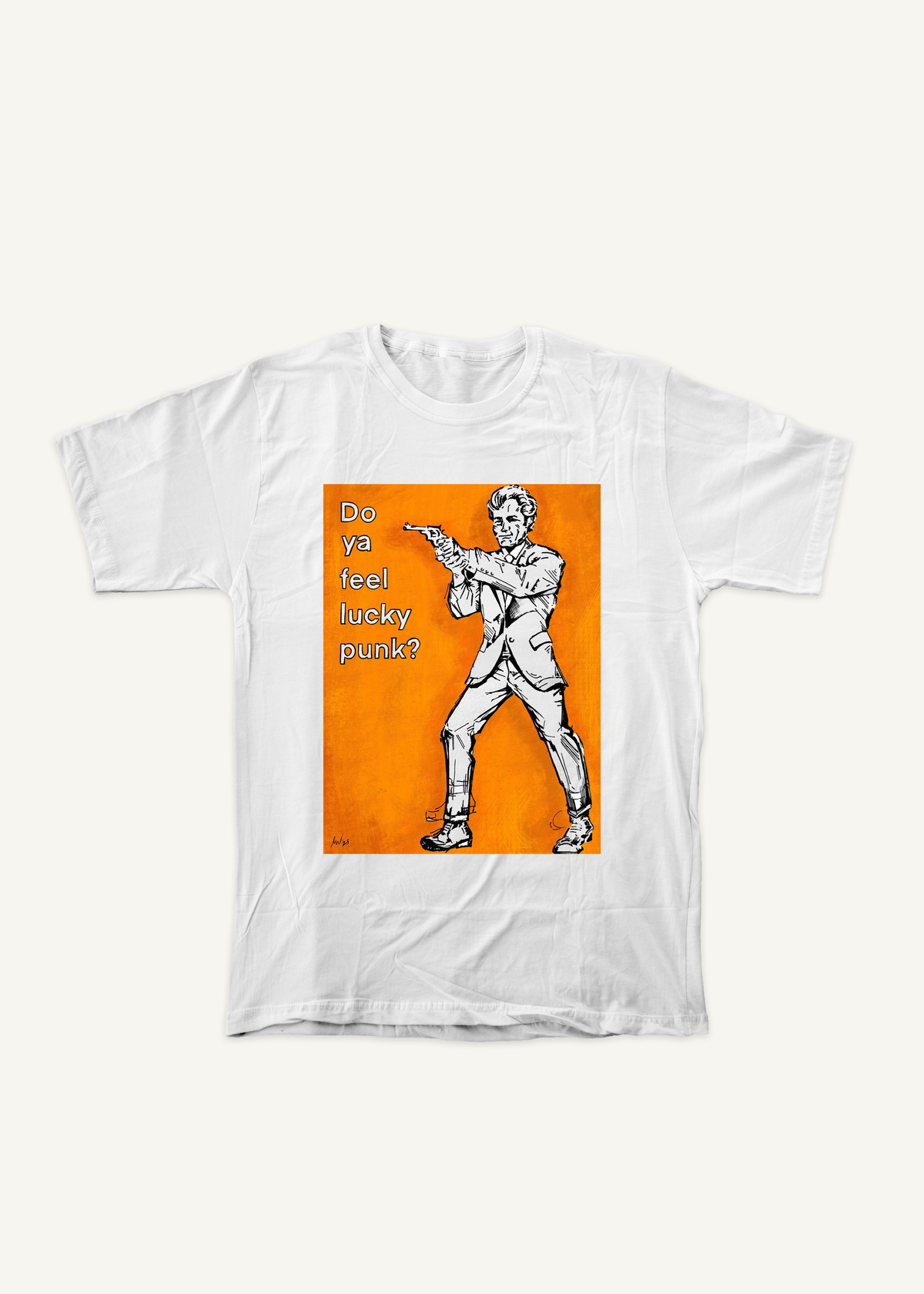 DIRTY HARRY T-shirt on ivory background with natural shadow