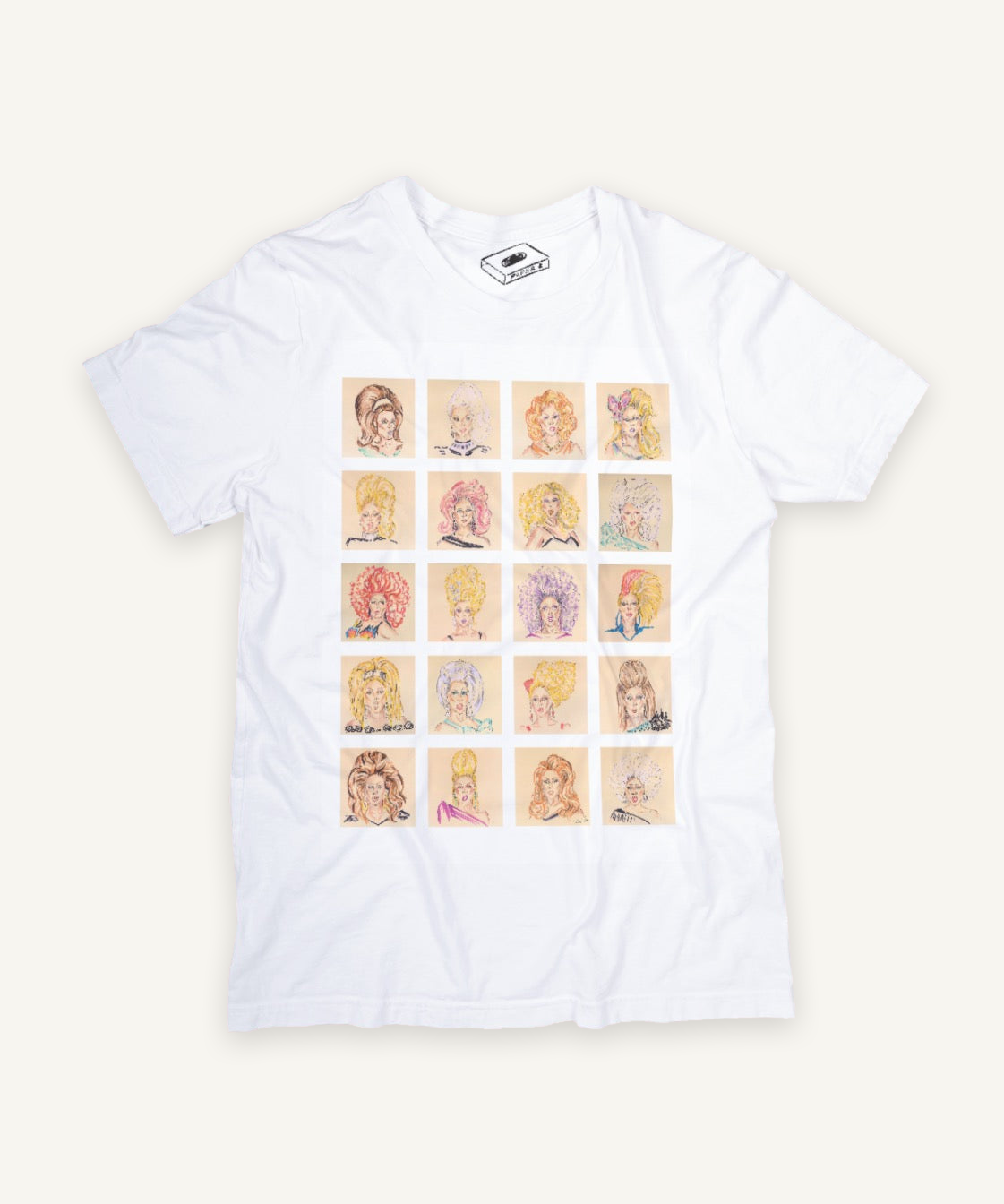 drag race ru paul wigs x 20 T-shirt on ivory background with natural shadow