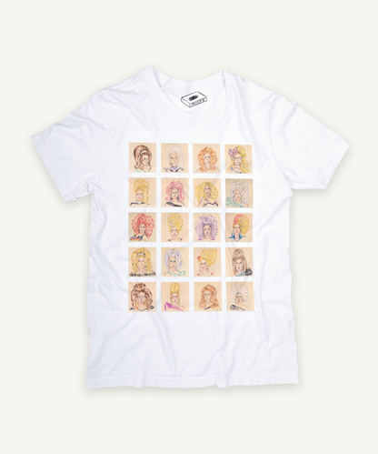 drag race ru paul wigs x 20 T-shirt on ivory background with natural shadow