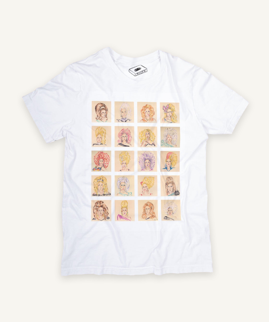 drag race ru paul wigs x 20 T-shirt on ivory background with natural shadow