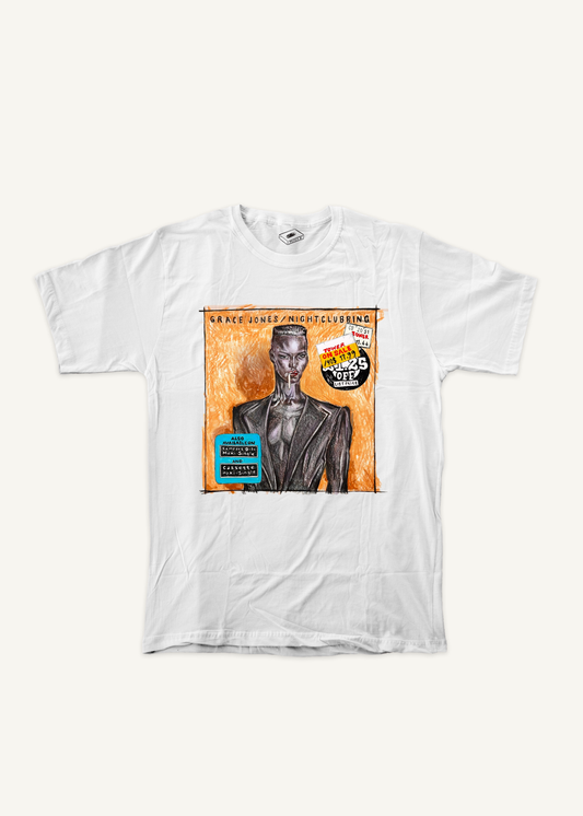 grace jones T-shirt on ivory background with natural shadow