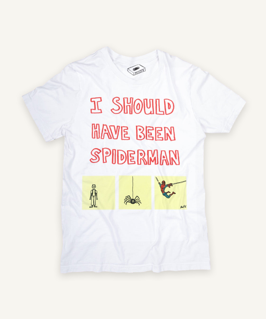 i should have been spiderman T-shirt on ivory background with natural shadow