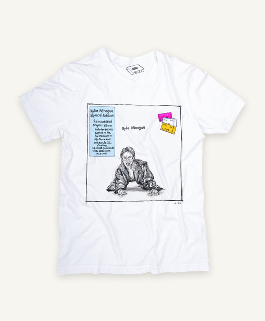 kylie minogue T-shirt on ivory background with natural shadow