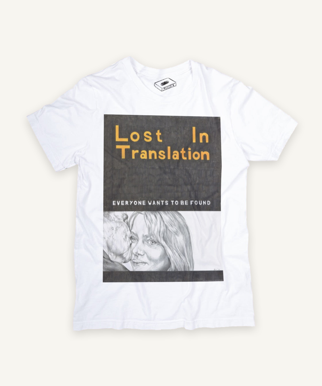 lost in translation T-shirt on ivory background with natural shadow