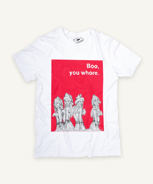 mean girls christmas T-shirt on ivory background with natural shadow