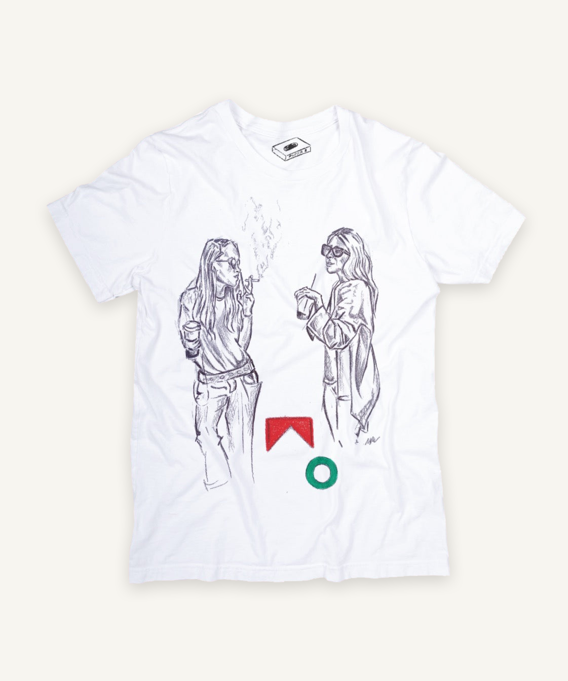 mk ashley smoking starbucks T-shirt on ivory background with natural shadow
