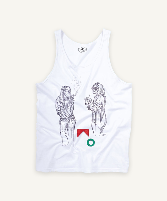 MK + ASHLEY+ SMOKING + STARBUCKS tank tank top on ivory background with natural shadow