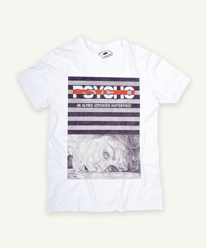 psycho T-shirt on ivory background with natural shadow