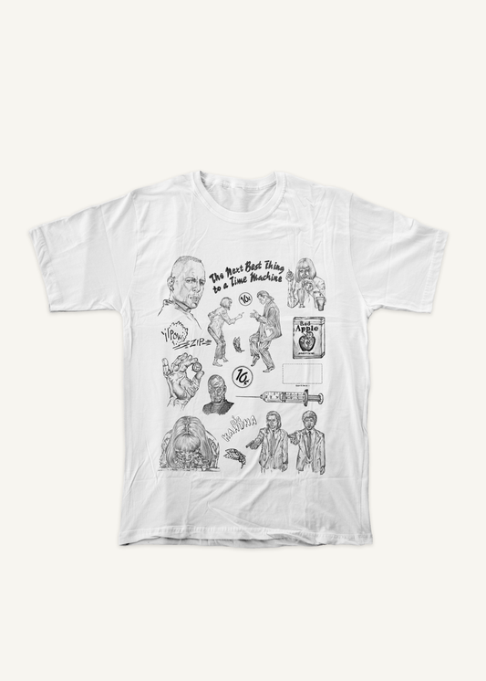 PULP FICTION compilation T-shirt on ivory background with natural shadow