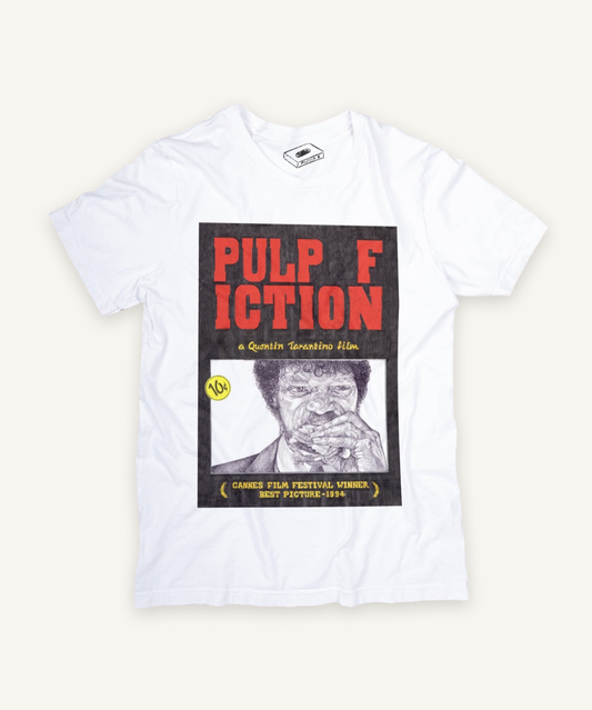 pulp fiction T-shirt on ivory background with natural shadow