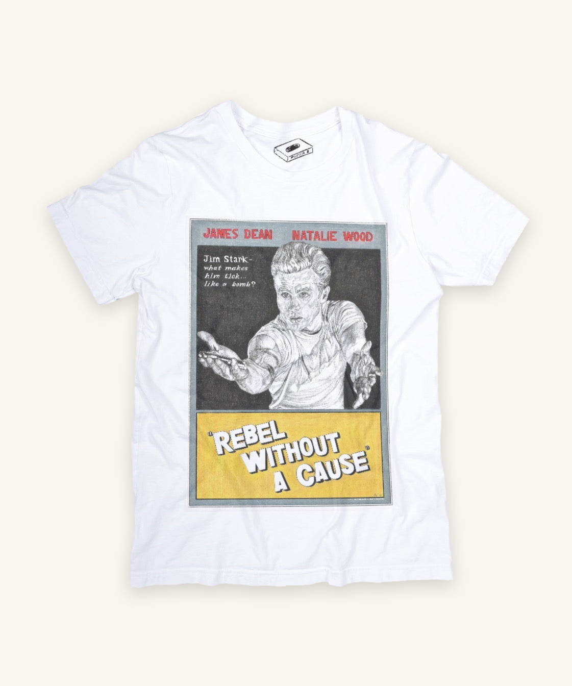 rebel without a cause T-shirt on ivory background with natural shadow