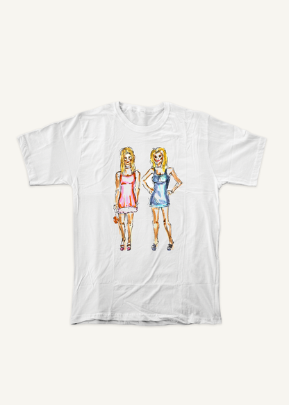ROMY & MICHELLE T-shirt on ivory background with natural shadow