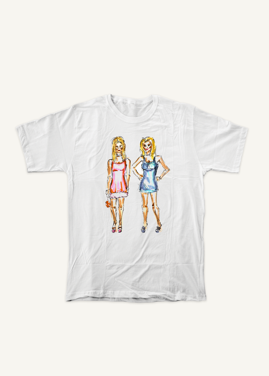ROMY & MICHELLE T-shirt on ivory background with natural shadow