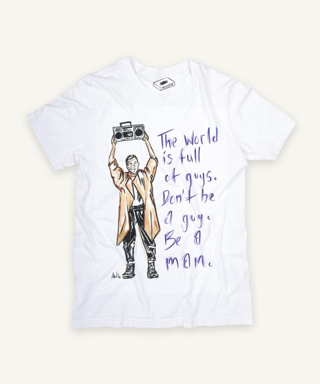 say anything T-shirt on ivory background with natural shadow