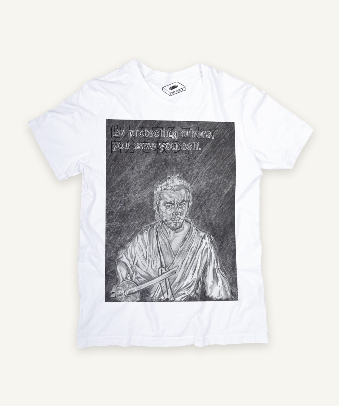 seven samurai T-shirt on ivory background with natural shadow