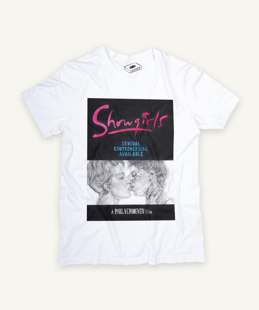 showgirls T-shirt on ivory background with natural shadow
