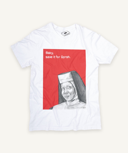 sister act T-shirt on ivory background with natural shadow