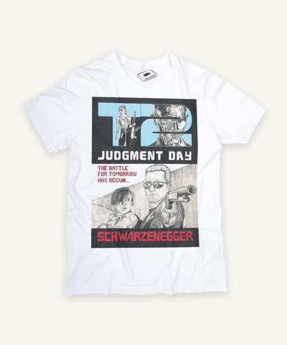 terminator 2 judgement day T-shirt on ivory background with natural shadow