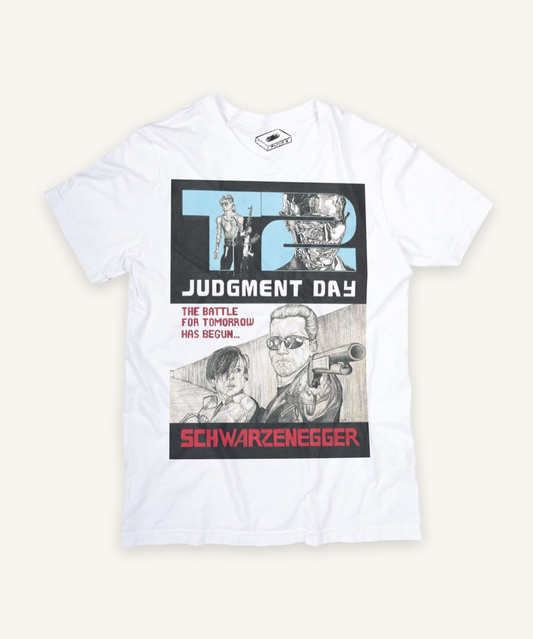 terminator 2 judgement day T-shirt on ivory background with natural shadow