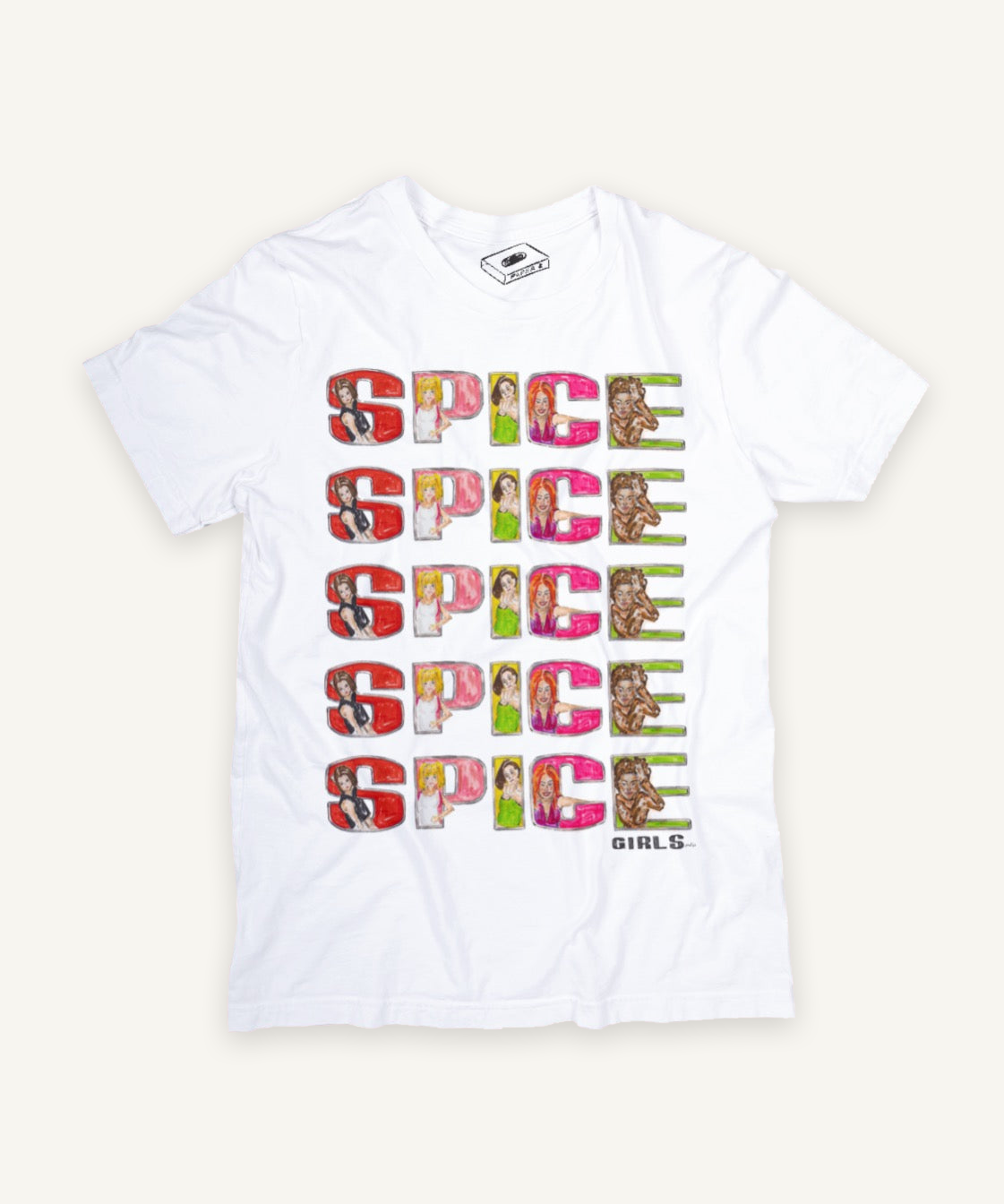 the spice girls T-shirt on ivory background with natural shadow
