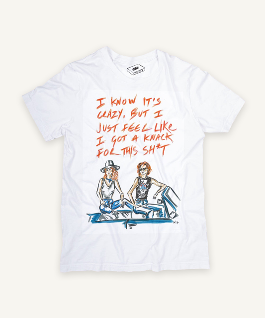 thelma and louise T-shirt on ivory background with natural shadow