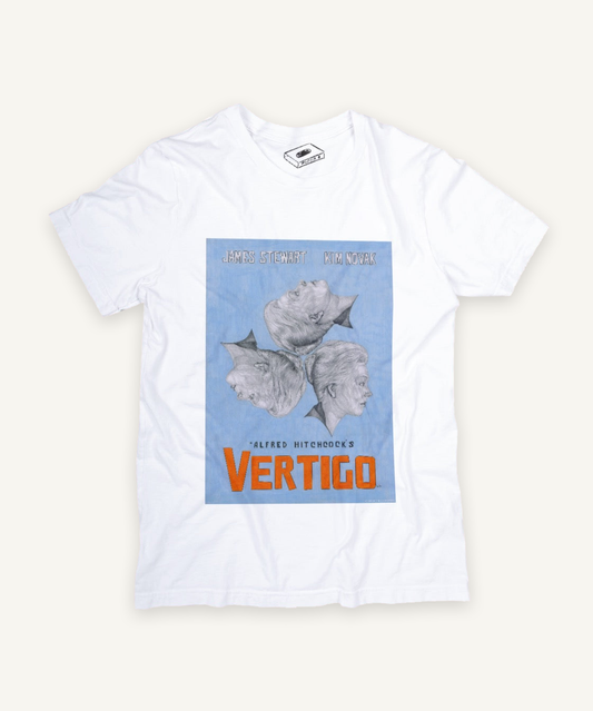 vertigo T-shirt on ivory background with natural shadow