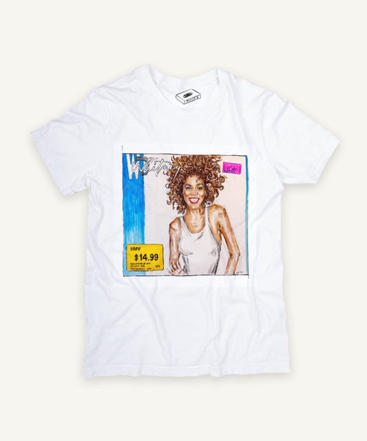 whitney houston T-shirt on ivory background with natural shadow