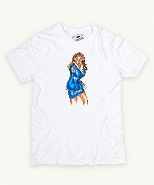 JACKIE BROWN T-SHIRT with centred hand-drawn artwork on white tee