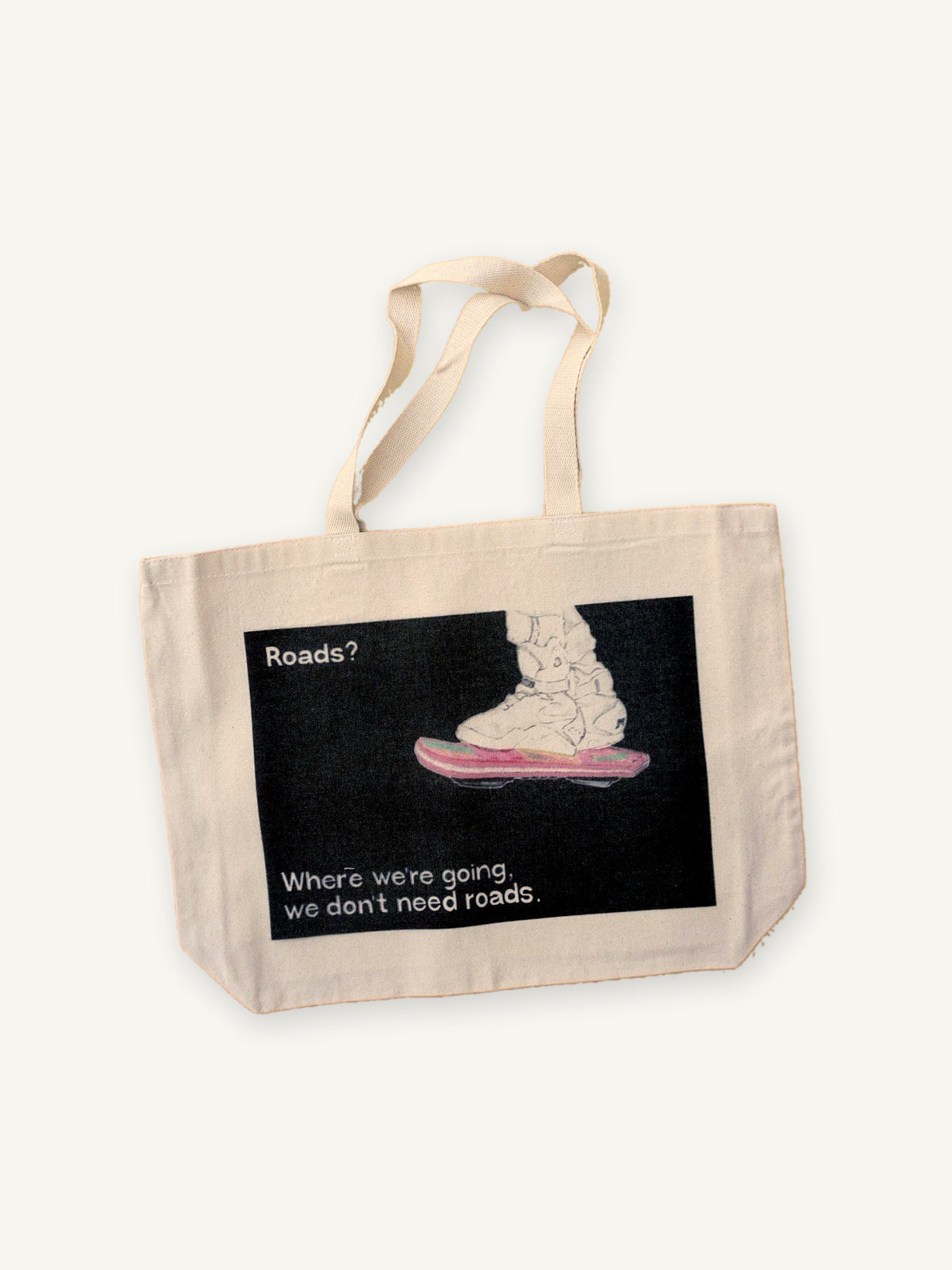 Back To The Future TOTE with natural canvas color on an ivory background