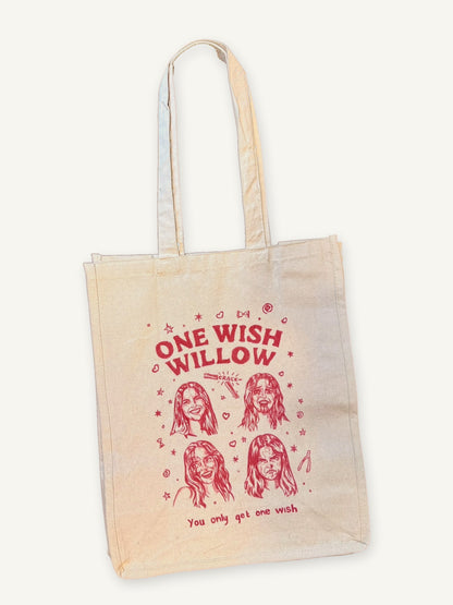 Natural canvas tote bag with red One Wish Willow artwork inspired by Obsession on an ivory background