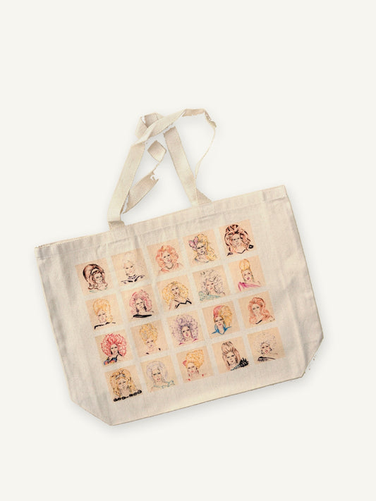 Dragrace //Ru TOTE with natural canvas color on an ivory background