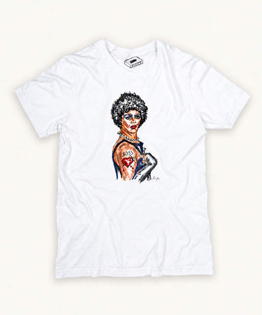 ROCKY HORROR PICTURE SHOW T-SHIRT with centred hand-drawn artwork on white tee