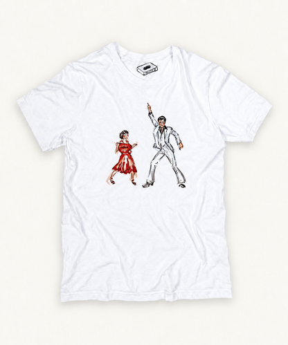 Saturday Night Fever hand-drawn artwork on white tee with ivory background