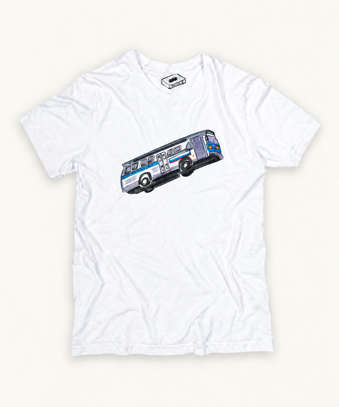 SPEED hand-drawn artwork on white tee with ivory background